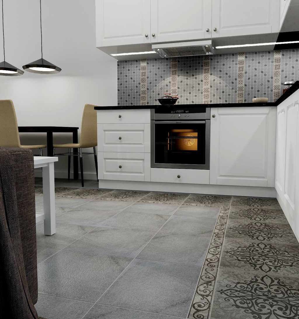 Белый пол на кухне из керамогранита в интерьере