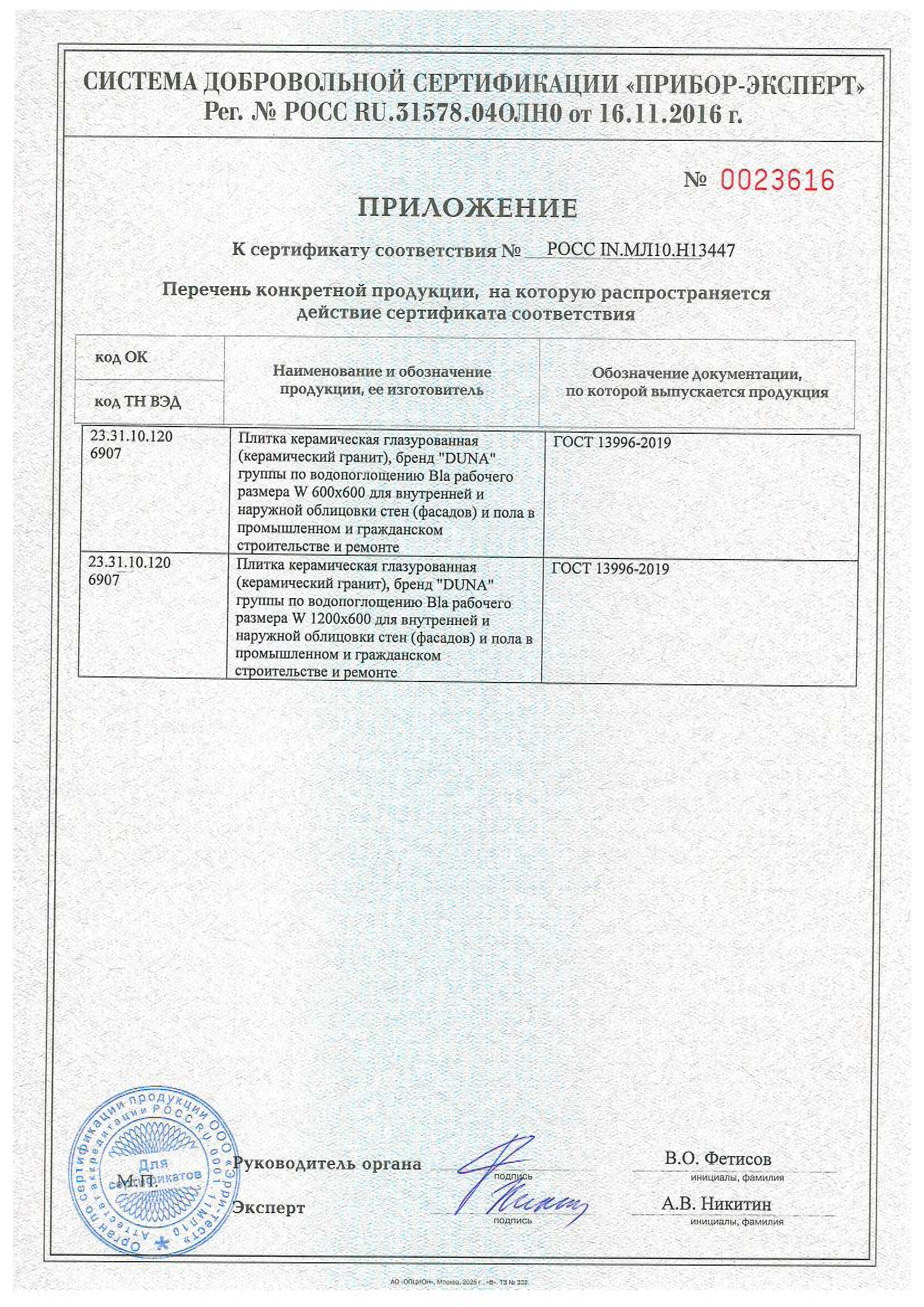 Сертификат на продукцию Duna фото 2